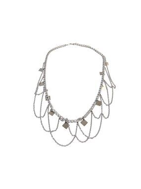 Silver Tone Chain Drape Belt With Layered Decorative Chains & Dangling Square Ch